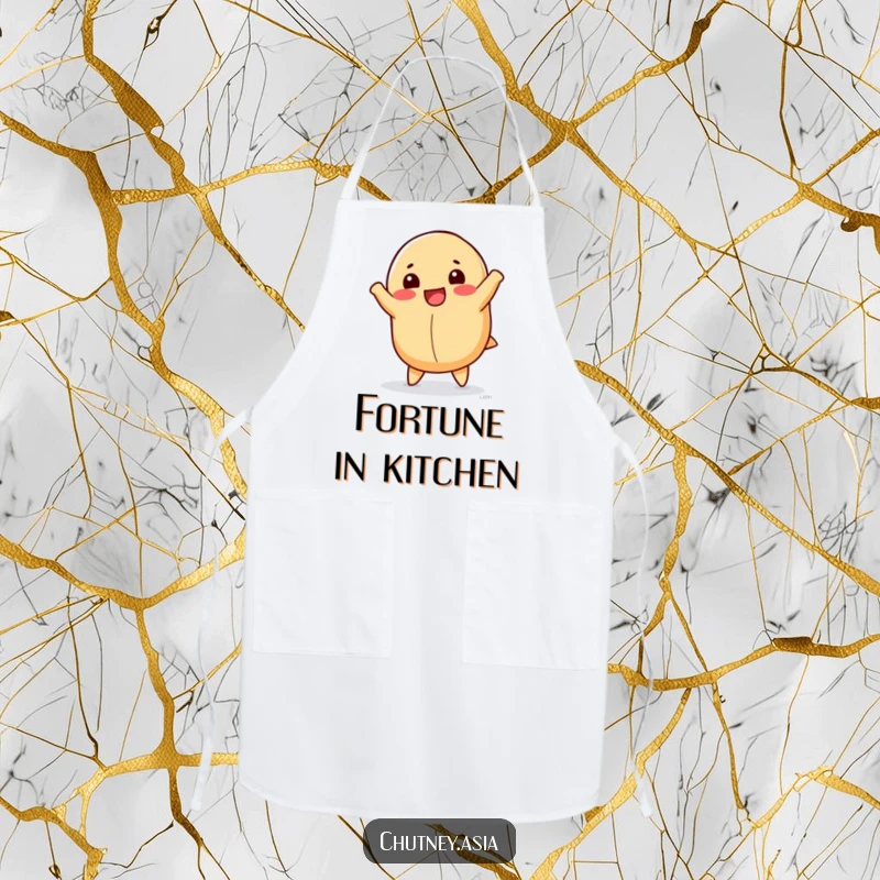 Funny fortune cookie apron with a happy, anthropomorphic fortune cookie doing a cartwheel, perfect for a fun cooking experience.