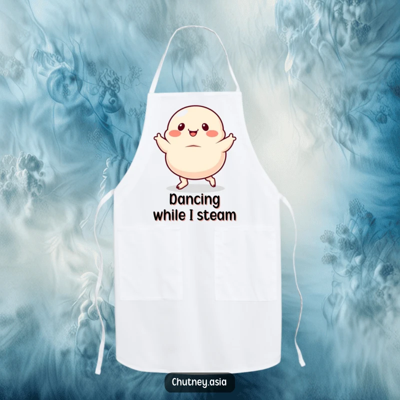Funny dumpling apron, dancing with exaggerated, wiggly feet, perfect for cooks who enjoy adding humor to their tasks.