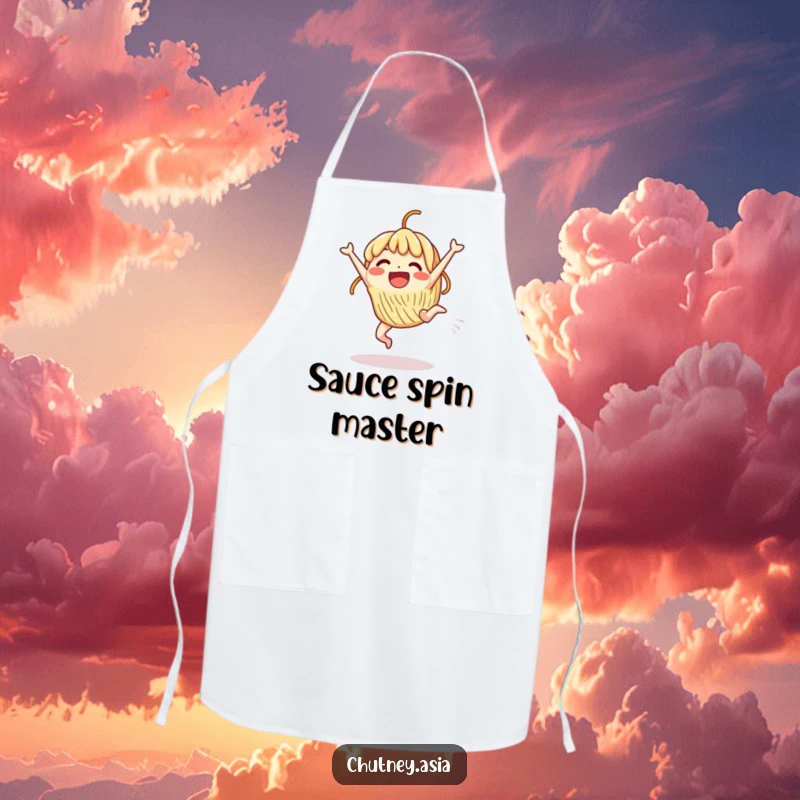 Funny Apron: An excited, beaming noodle character performs a cartwheel while enthusiastically cooking.