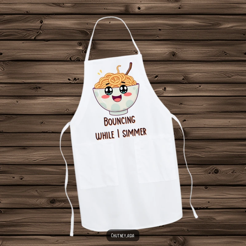 Funny ramen bowl apron, wobbly with googly eyes, bouncing excitedly while cooking, perfect for a humorous kitchen experience.