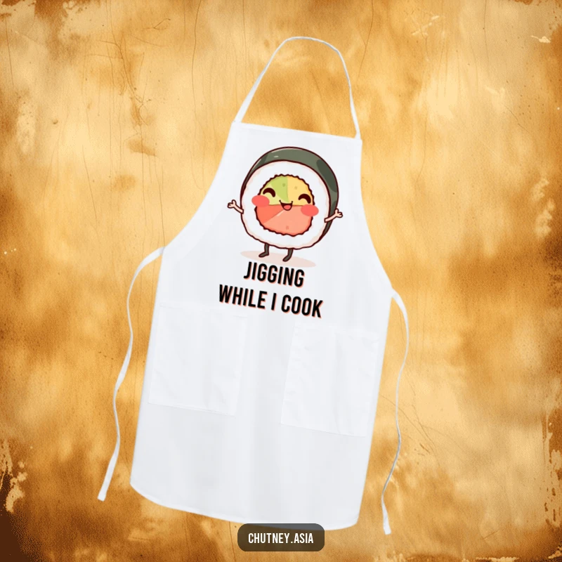 Funny sushi roll apron, smiling character with tiny legs, cheerfully jigging while cooking, adding humor to the kitchen.