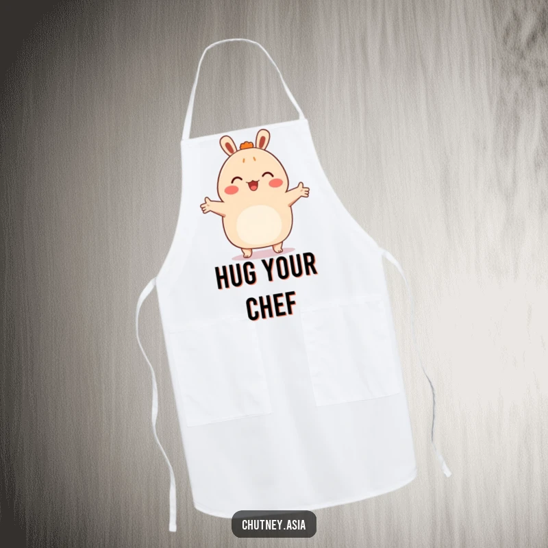 Funny bao bun apron, happy with arms outstretched, ready to embrace, perfect for cooks who love to share warmth.