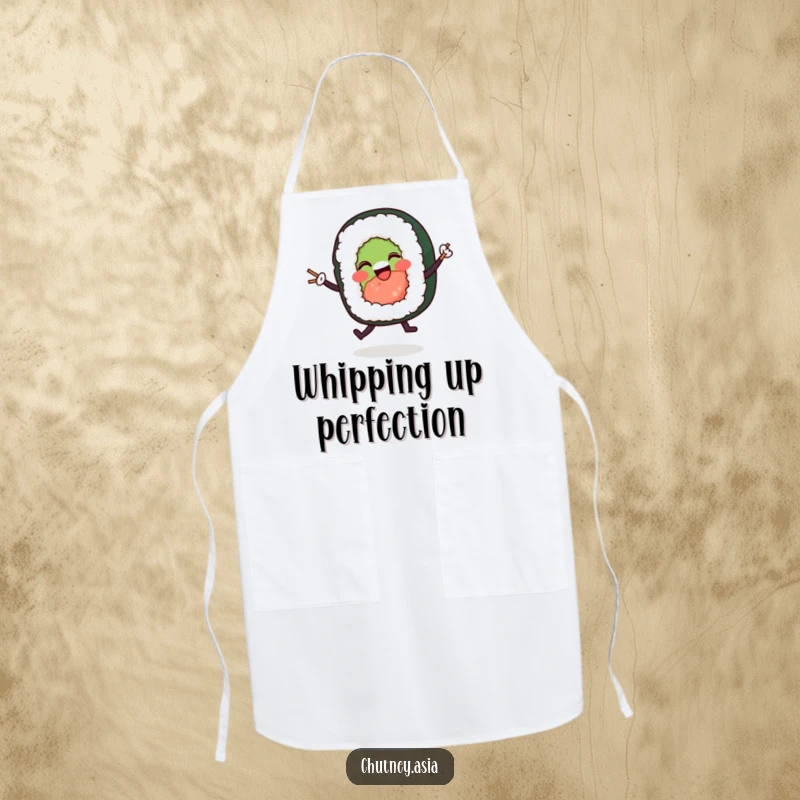 Funny sushi roll dancing apron showing a cheerful character waltzing with tiny chopsticks while cooking, adding humor to the kitchen.
