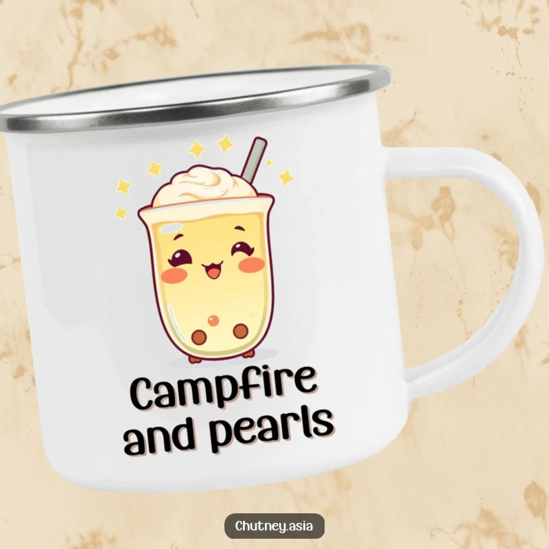 Funny Boba Tea Twinkle Camping Mug with a cheerful, twinkling boba tea character bobbing, perfect for outdoor drinks, a cute funny gift.