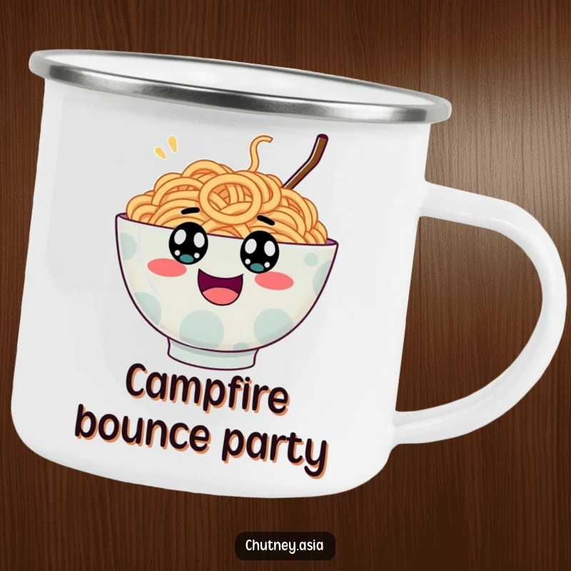Funny ramen bowl camping mug, wobbly with googly eyes, bouncing excitedly, durable for outdoor use and humorous appeal.