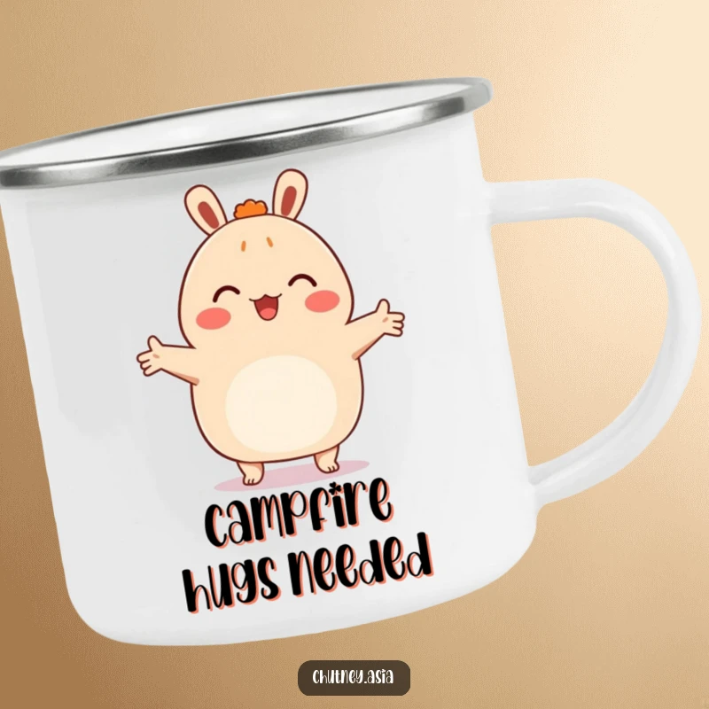 Funny bao bun camping mug, happy with arms outstretched, ready to embrace, durable for outdoor adventures and cozy vibes.