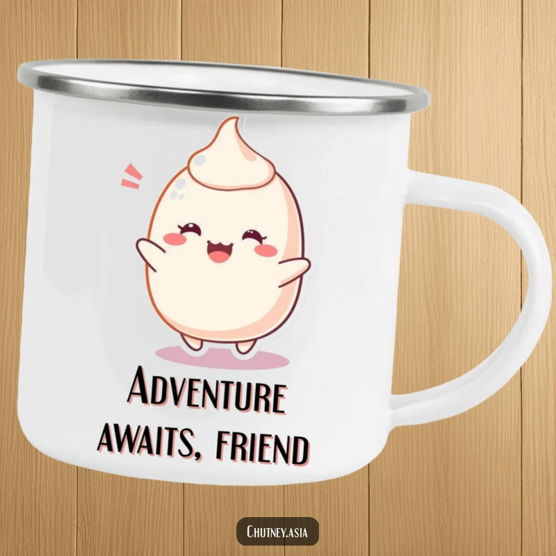 Funny Mochi Camping Mug featuring a cheerful, blushing mochi character bouncing with delight, perfect for drinks in the great outdoors, a cute funny gift.