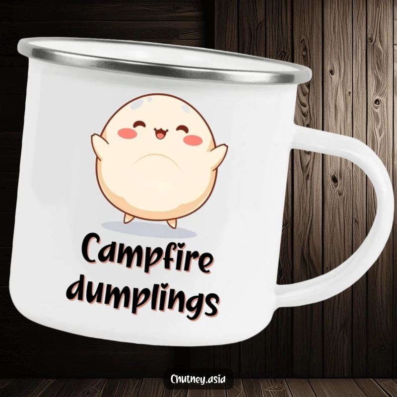 Funny dumpling camping mug featuring a round, kawaii dumpling with little legs doing a silly dance, ideal for outdoor fun.