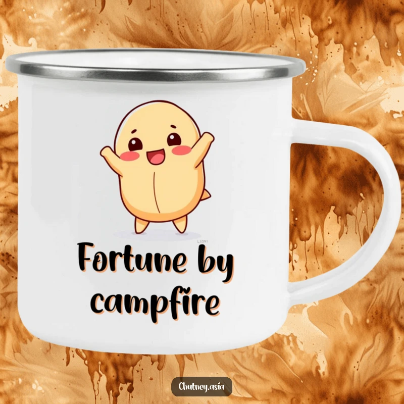Funny fortune cookie camping mug featuring a happy, anthropomorphic fortune cookie doing a cartwheel, perfect for outdoor fun.