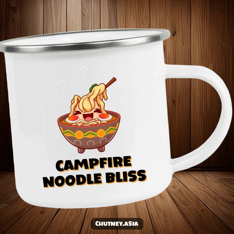 Funny ramen laugh camping mug featuring a giggling bowl of ramen with dancing steam, perfect for outdoor enthusiasts seeking humor.