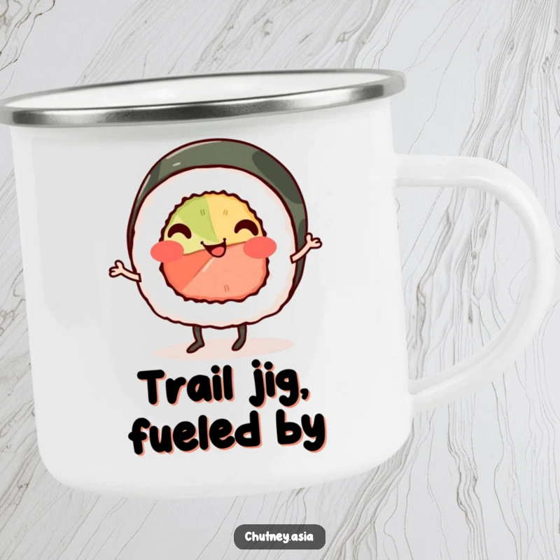 Funny sushi roll camping mug, smiling with tiny legs, cheerfully jigging, durable enamel for outdoor fun and humor.
