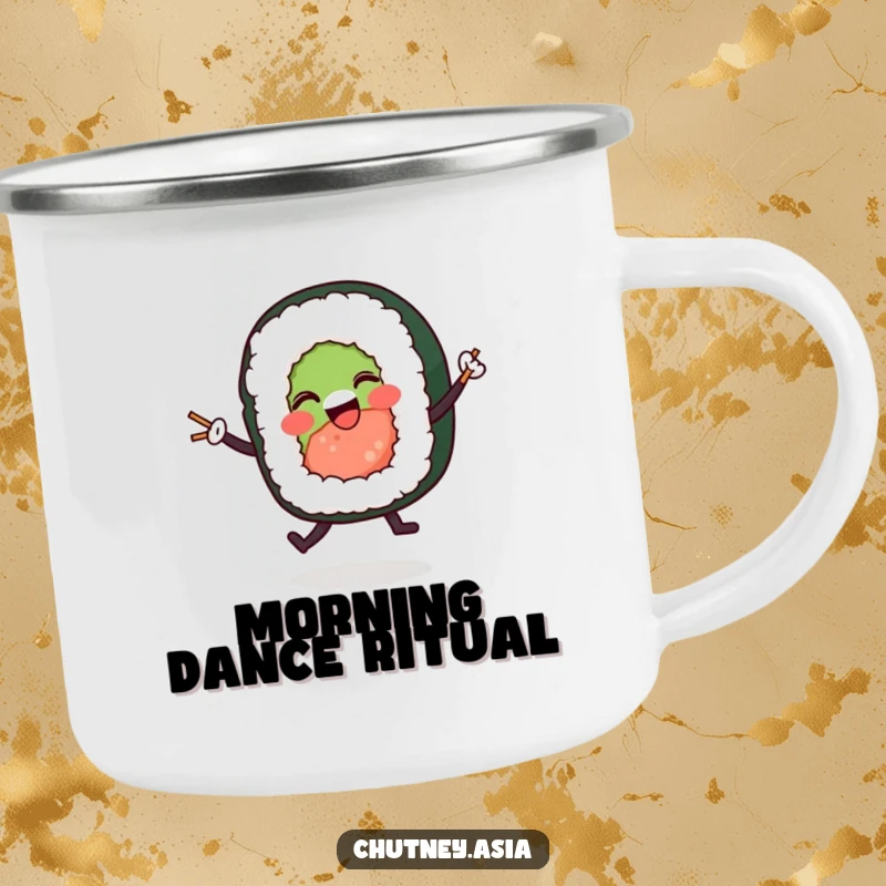 Funny sushi roll dancing camping mug featuring a happy character dancing with tiny chopsticks, perfect for outdoor enthusiasts seeking humor.