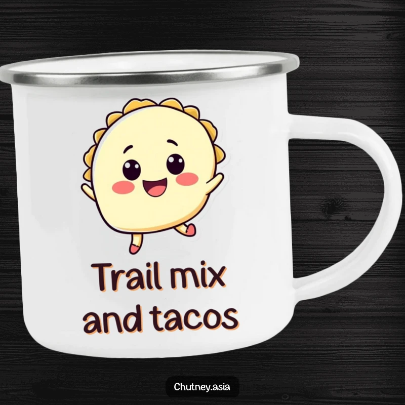 Funny taco jump camping mug featuring a cheerful taco character mid-leap, perfect for enjoying drinks outdoors with a humorous touch.