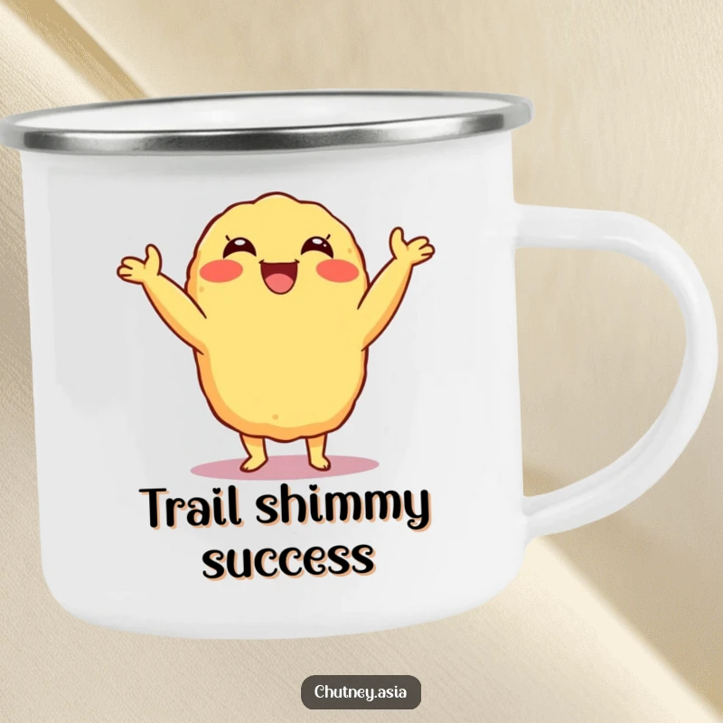 Funny Tempura Shimmy Camping Mug with a delighted, grinning tempura character doing a little shimmy, perfect for outdoor drinks, a fun funny gift.