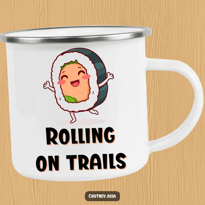 Funny sushi roll camping mug featuring a smiling, anthropomorphic sushi roll doing a playful jig, perfect for outdoor fun.