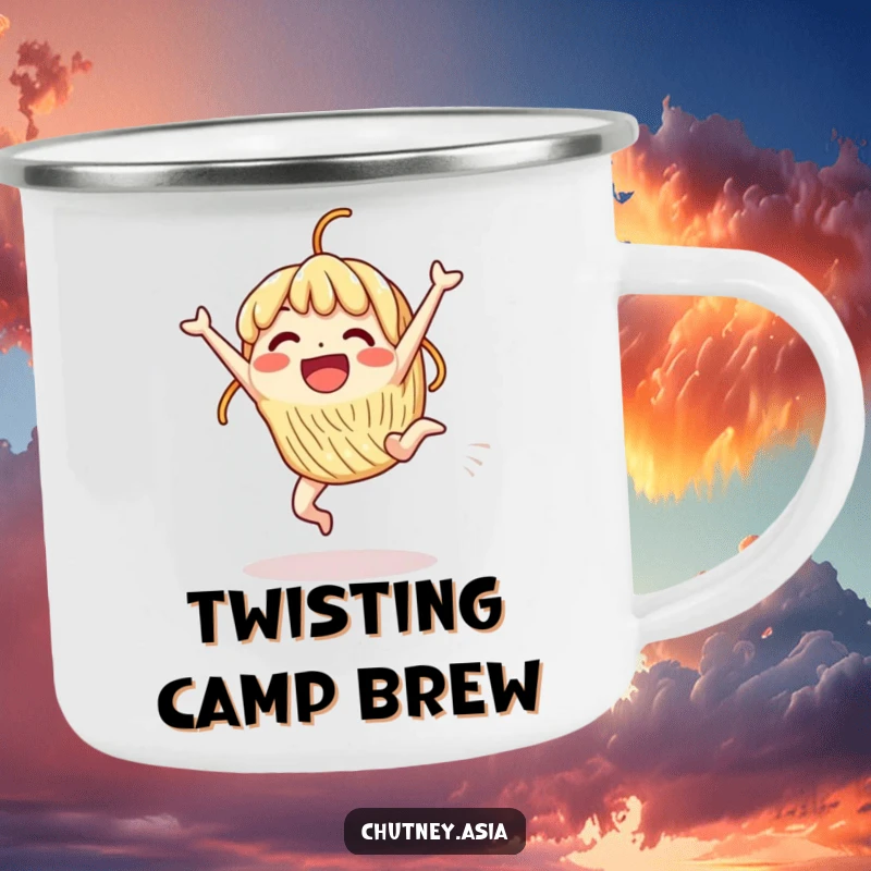 Funny Camping Mug: An excited, beaming noodle character performs a cartwheel, perfect for enjoying drinks outdoors.