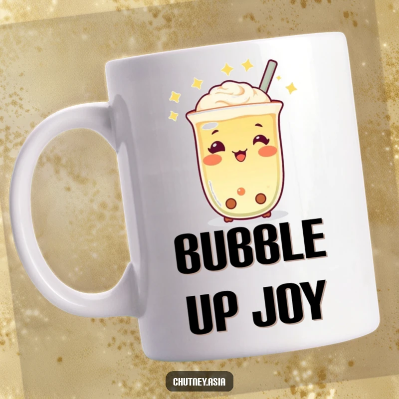 Funny Boba Tea Twinkle Mug featuring a cheerful, twinkling boba tea character bobbing with joy, radiating happiness and sweetness, a perfect funny gift.