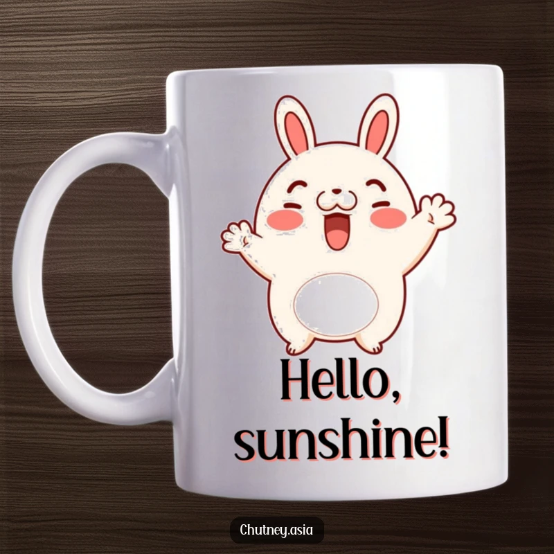 Funny bao bun wave mug featuring a cheerful bao bun character with rosy cheeks offering a friendly hello.