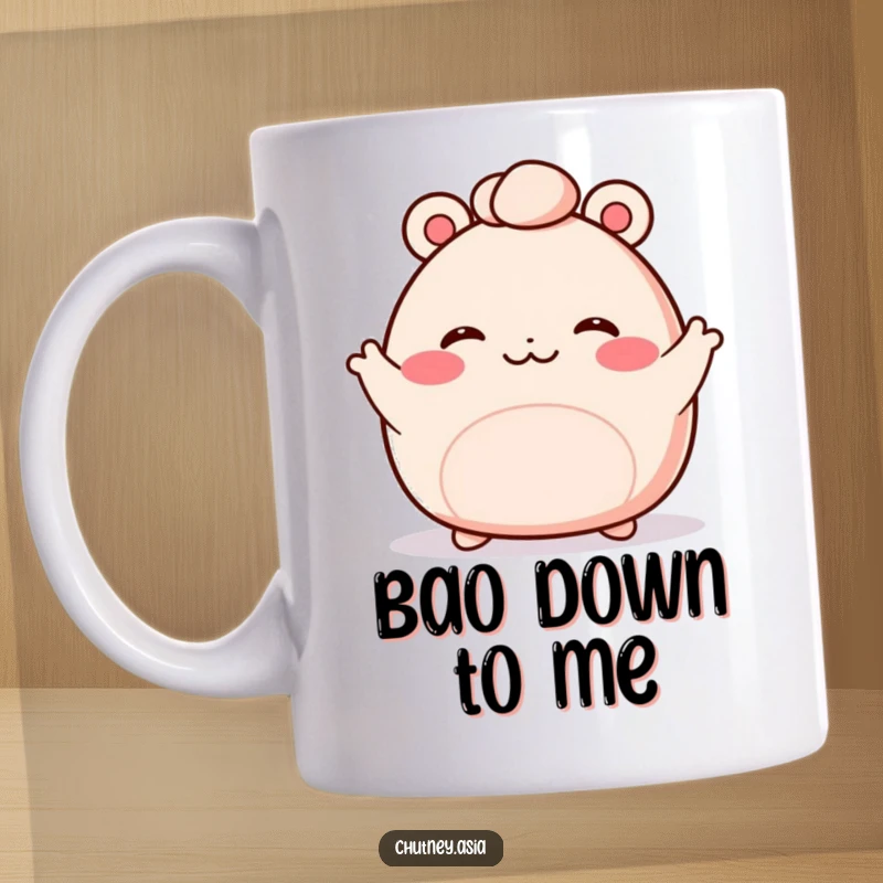 Funny bao bun mug featuring a blushing, kawaii bao bun with tiny arms waving enthusiastically, spreading cuteness and cheer.