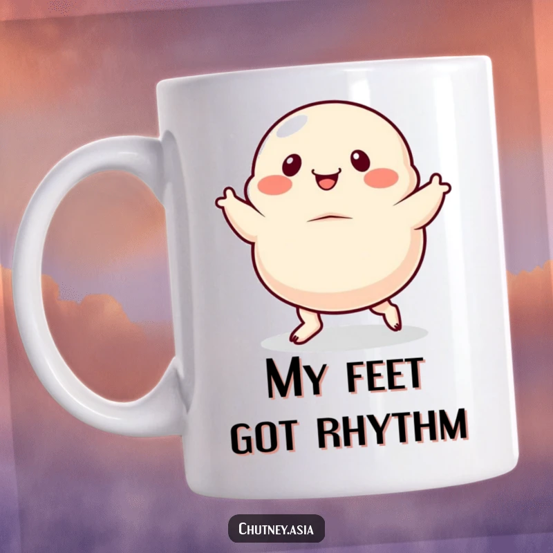 Funny dumpling mug, dancing with exaggerated, wiggly feet, full of energy and playful movement, ideal for a funny gift.