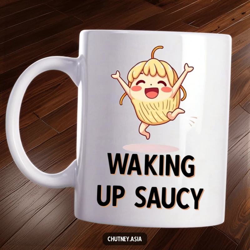 Funny Mug: An excited, beaming noodle character with a huge smile performs a cartwheel with glee.