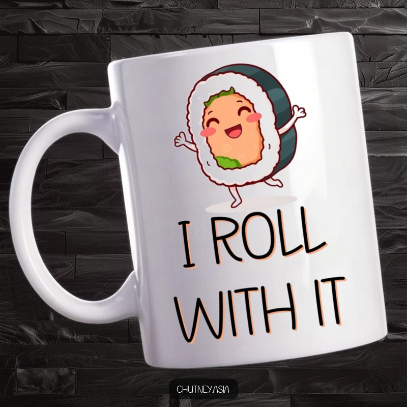 Funny sushi roll mug featuring a smiling, anthropomorphic sushi roll doing a playful jig, perfect for a laughter-filled kitchen.