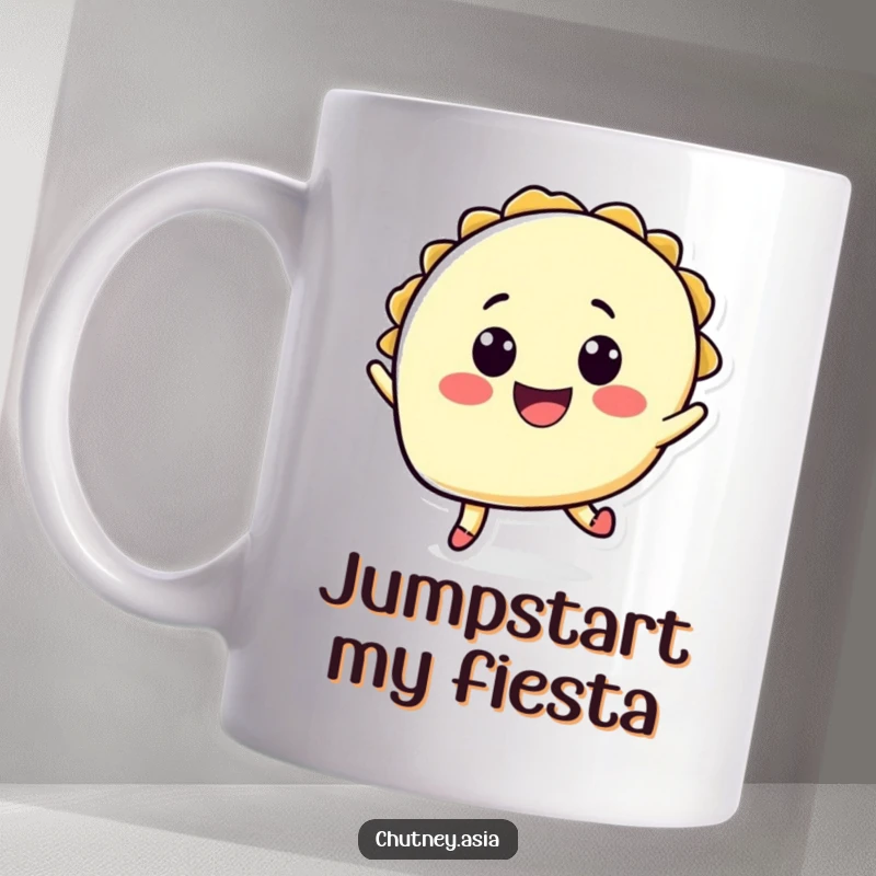 Funny taco jump mug featuring a happy taco character leaping with excitement, spreading cheer and humor.