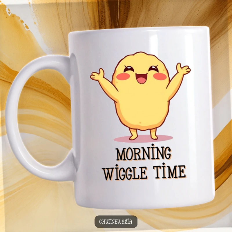 Funny Tempura Shimmy Mug featuring a delighted, grinning tempura character performing a joyful little shimmy, radiating happiness and culinary fun, a great gift.