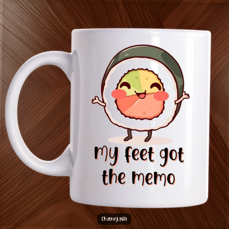 Funny sushi roll mug, smiling with tiny legs, doing a cheerful jig with happy energy, perfect for a funny gift.