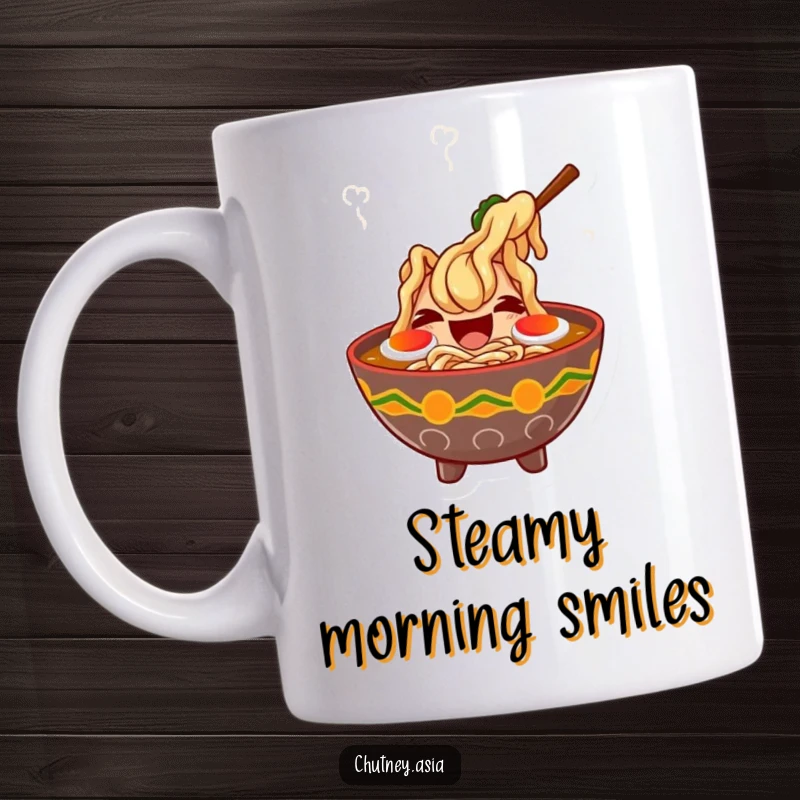 Funny ramen laugh mug featuring a giggling bowl of ramen character with playful steam dancing around it.