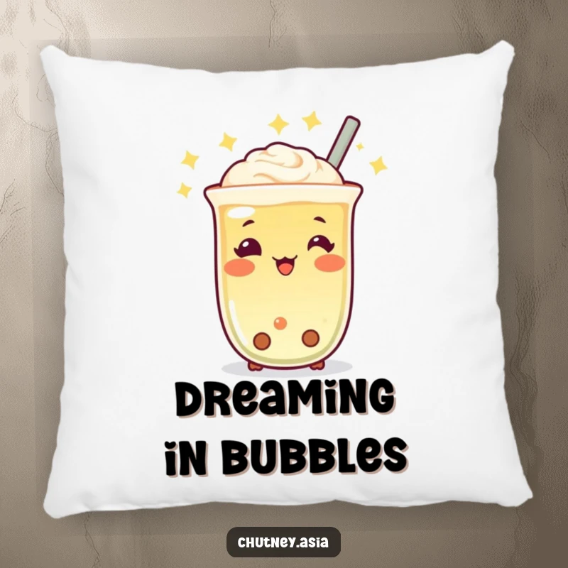 Funny Boba Tea Twinkle Pillow with a cheerful, twinkling boba tea character bobbing happily, offering plush comfort and cute, funny charm, a lovely funny gift.