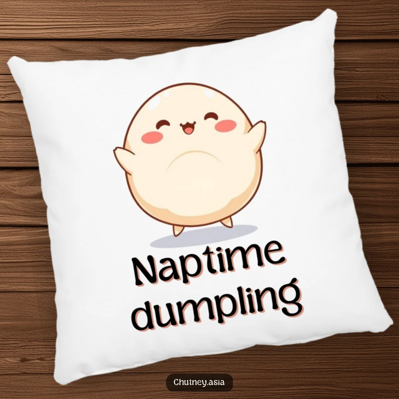 Funny dumpling pillow showcasing a round, kawaii dumpling with little legs doing a silly dance, offering comfort and cuteness.