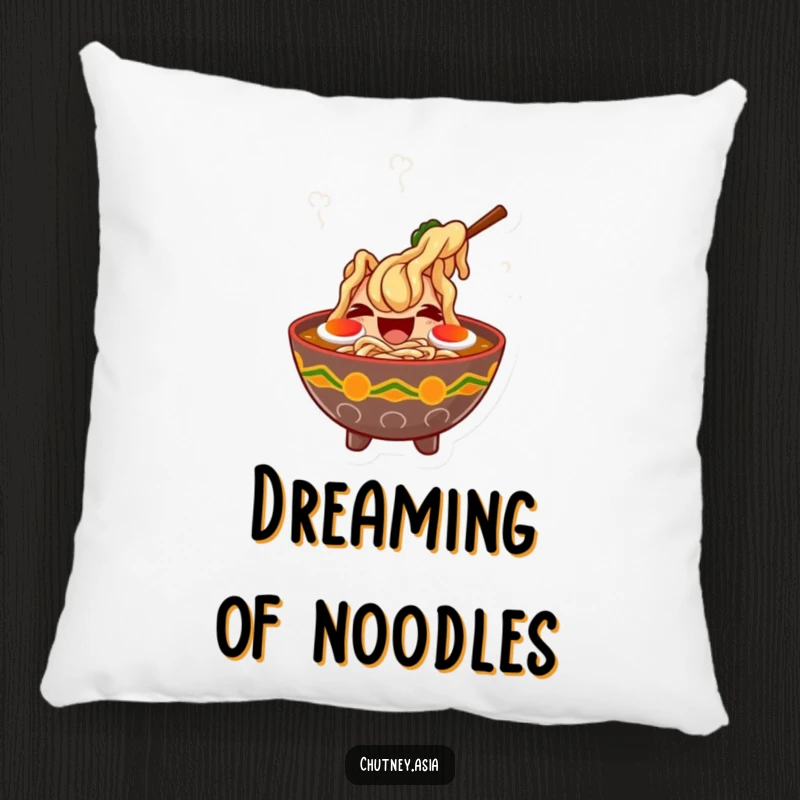 Funny ramen laugh pillow featuring a giggling bowl of ramen with dancing steam, offering comfort and a dose of humor.