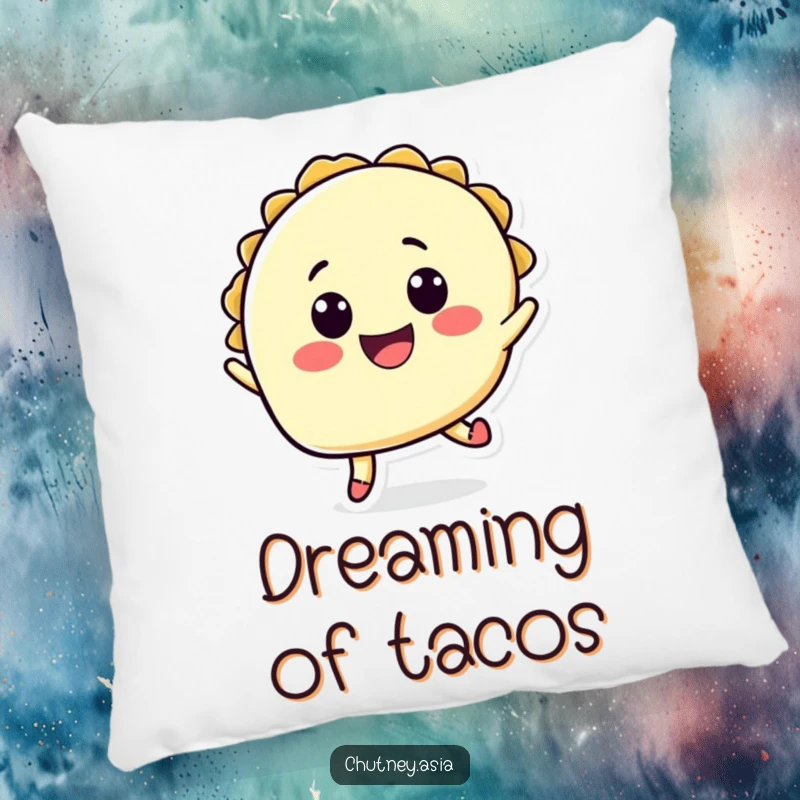 Funny taco jump pillow featuring a cheerful taco character in a joyful leap, offering comfort and a dose of humor.
