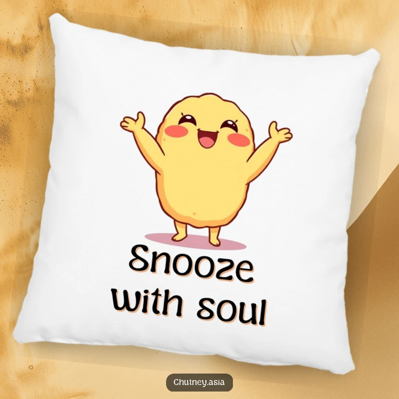 Funny Tempura Shimmy Pillow showcasing a delighted, grinning tempura character doing a happy dance, offering soft comfort and quirky humor, a lovely funny gift.