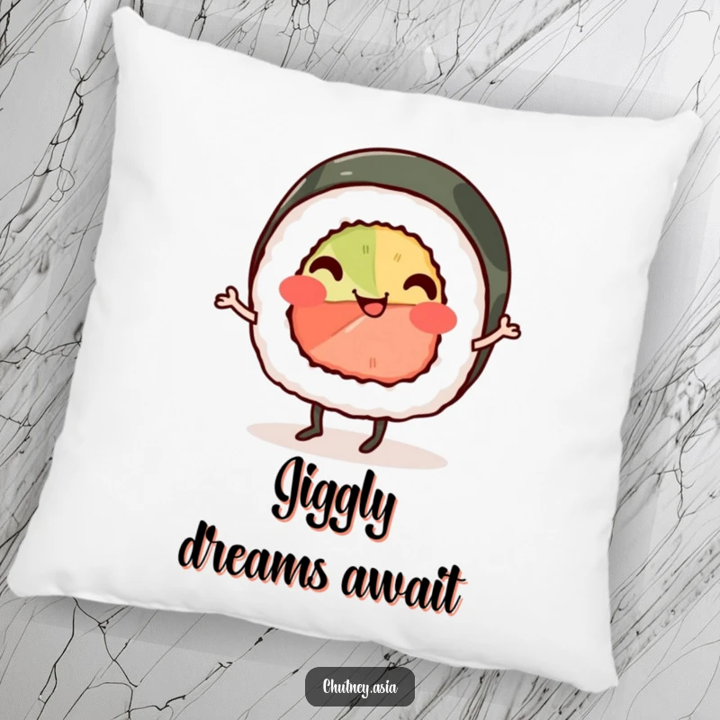 Funny sushi roll pillow, smiling with tiny legs, happily doing a cheerful jig, soft and decorative for cozy spaces.