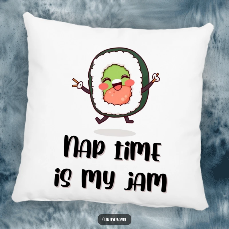 Funny sushi roll dancing pillow featuring a happy character waltzing with tiny chopsticks, adding comfort and humor to any space.