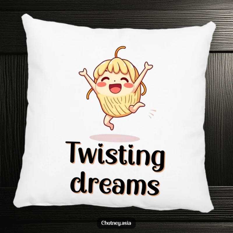 Funny Pillow: An excited, beaming noodle character is depicted mid-cartwheel, radiating happiness and fun.