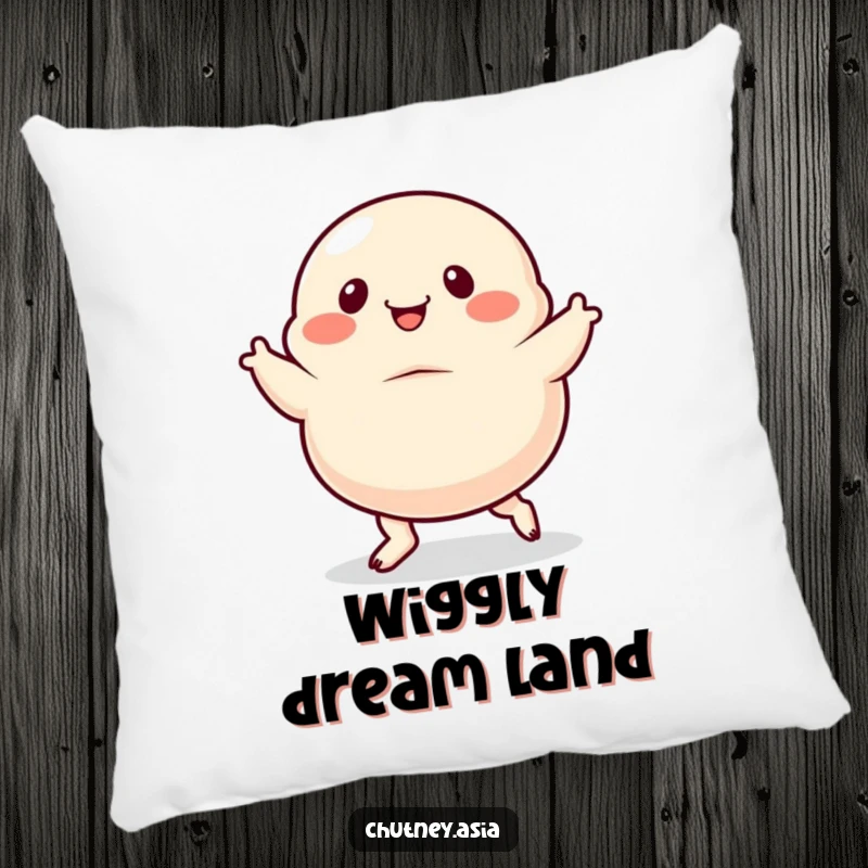 Funny dumpling pillow, dancing with exaggerated, wiggly feet, soft and huggable for maximum comfort and humor.