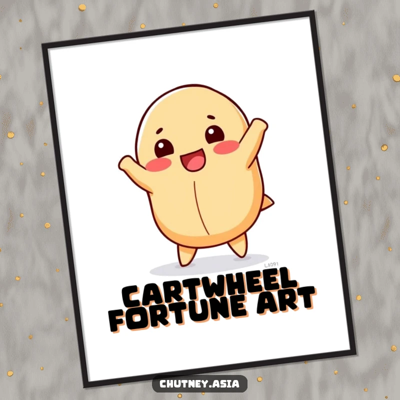 Funny fortune cookie digital art print of a happy, anthropomorphic fortune cookie doing a cartwheel, ideal for instant decor.