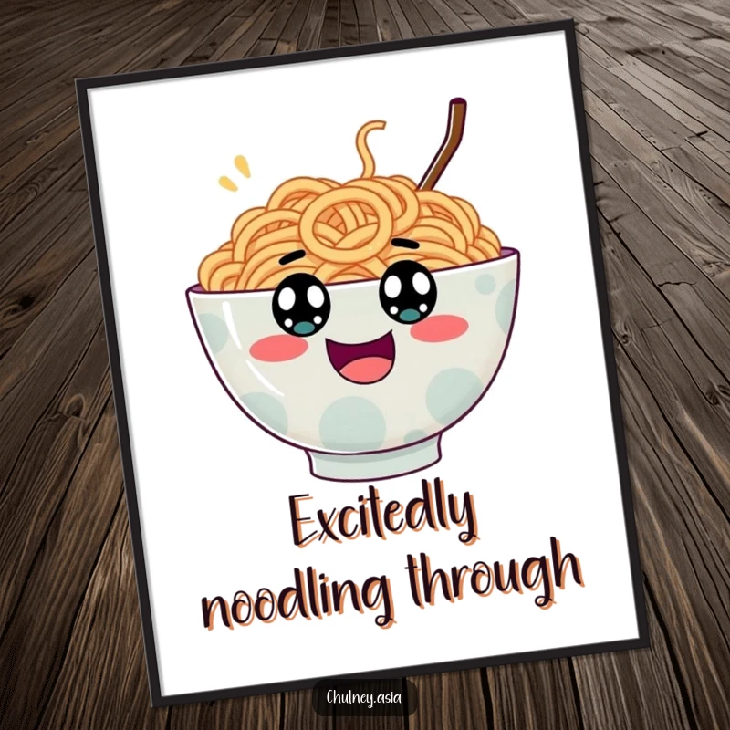 Funny ramen bowl digital art print, wobbly with googly eyes, bouncing with pure excitement, high-quality and humorous.