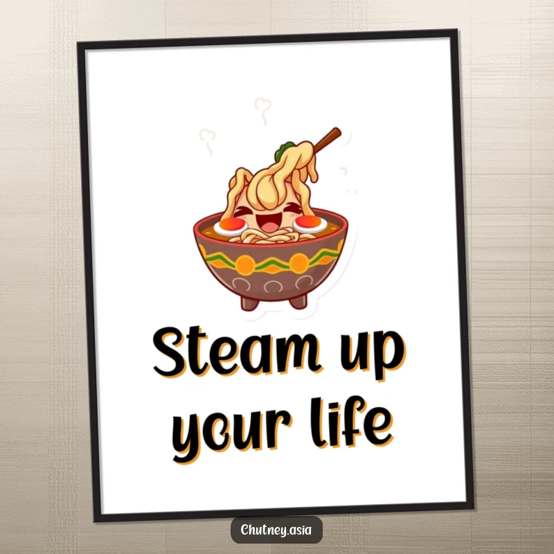 Funny ramen laugh digital art print of a giggling bowl of ramen with dancing steam, perfect for immediate, humorous wall decor.