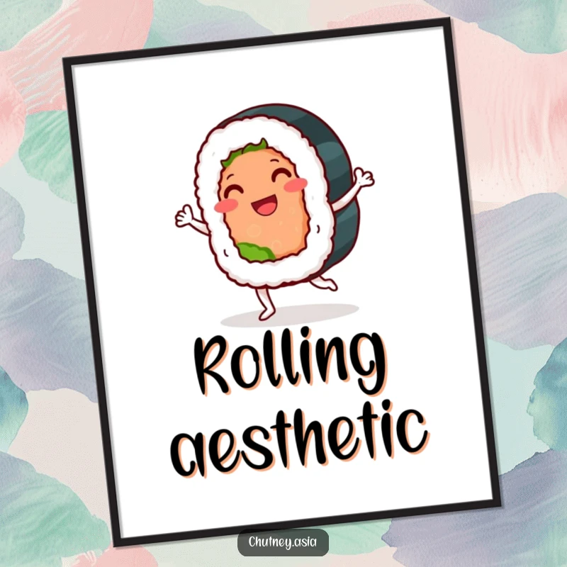 Funny sushi roll digital art print of a smiling, anthropomorphic sushi roll doing a playful jig, perfect for instant wall decor.