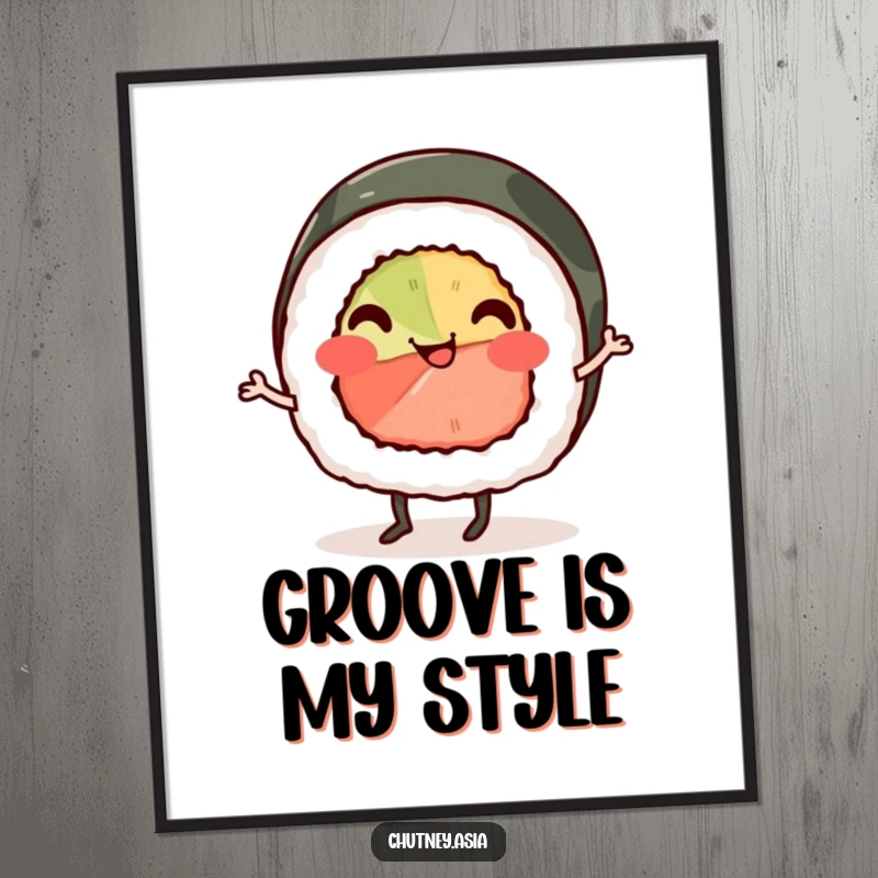 Funny sushi roll digital art print, smiling character with tiny legs, energetically performing a cheerful jig, high-resolution humor.