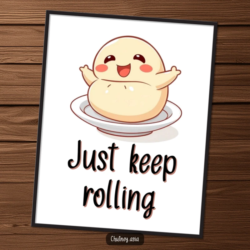 Funny dumpling roll digital art print of a delighted dumpling character playfully rolling, perfect for immediate, humorous wall decor.