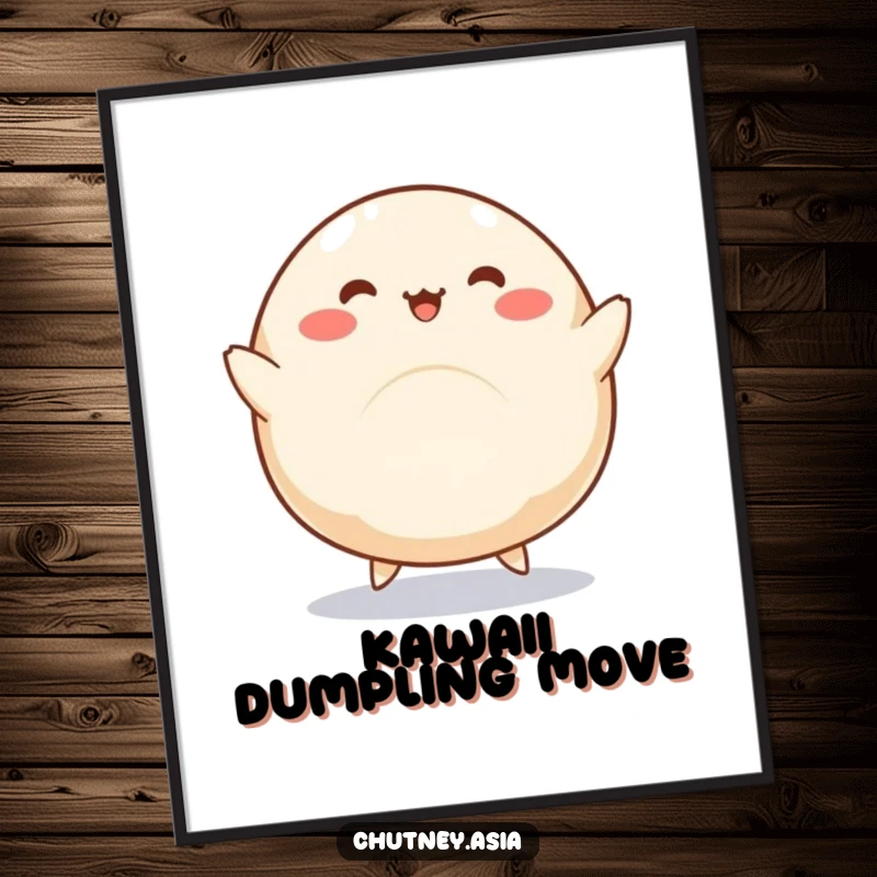 Funny dumpling digital art print of a round, kawaii dumpling with little legs doing a silly dance, ideal for instant decor.