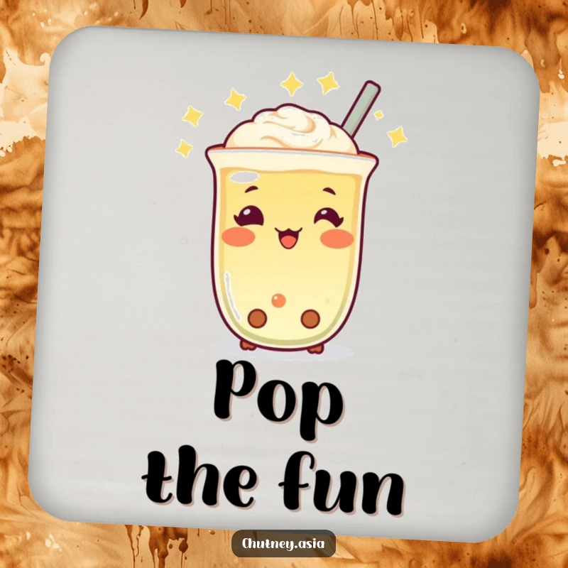 Funny Boba Tea Twinkle Coaster with a cheerful, twinkling boba tea character bobbing, protecting surfaces with cute humor, a lovely funny gift.