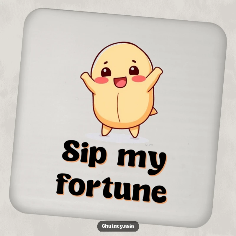 Funny fortune cookie coasters showcasing a happy, anthropomorphic fortune cookie doing a cartwheel, perfect for surface protection.