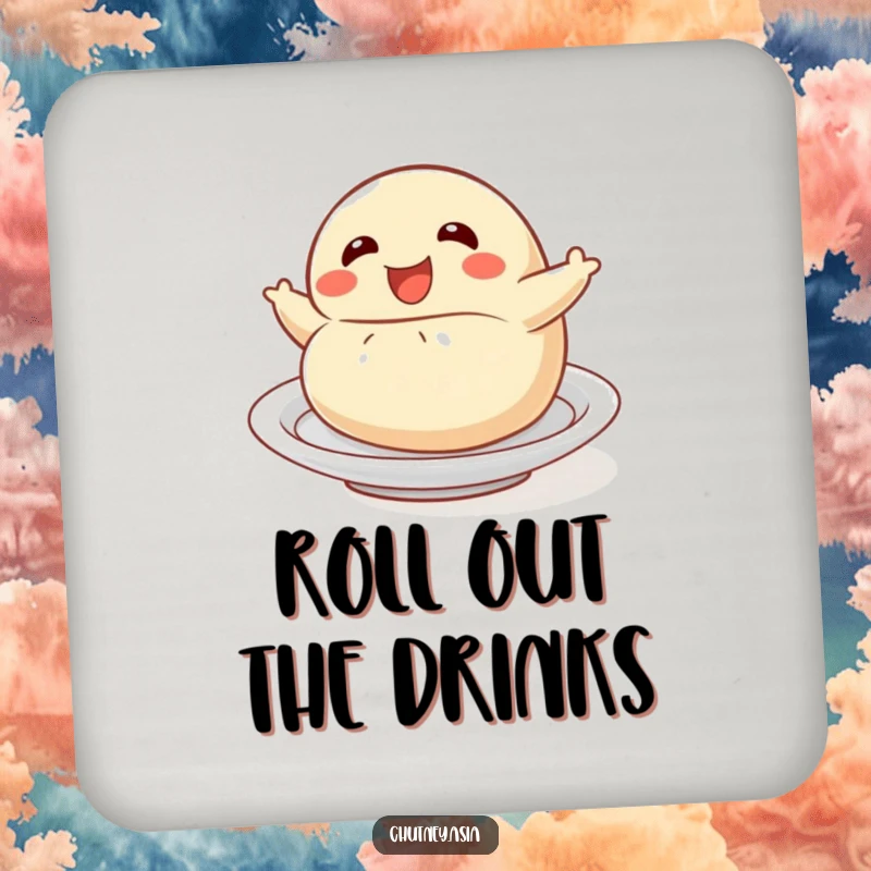 Funny dumpling roll drink coaster with a delighted dumpling character playfully rolling, protecting surfaces with food-inspired humor.