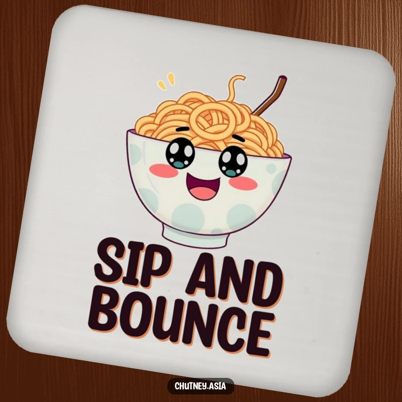 Funny ramen bowl coaster, wobbly with googly eyes, bouncing excitedly, protecting surfaces with unique and humorous design.